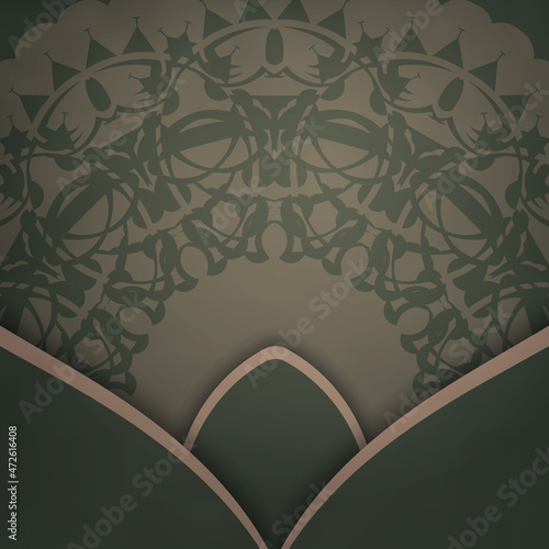 Greeting card template in green color with vintage brown ornament prepared for printing.