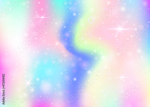 Fairy background with rainbow mesh. Girlish universe banner in princess colors. Fantasy gradient backdrop with hologram. Holographic fairy background with magic sparkles, stars and blurs.