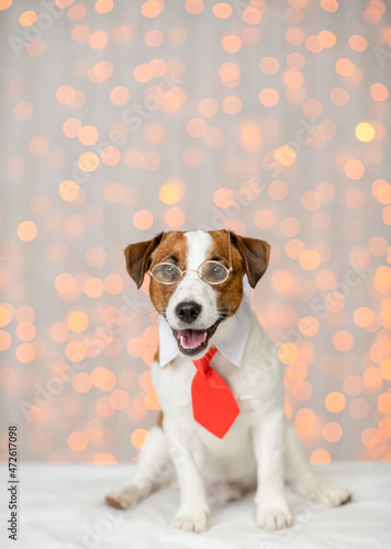 Happy Jack russell terrier puppy wearing suit with necktie, red santa hat and eyeglasses sits on festive background. Empty space for text