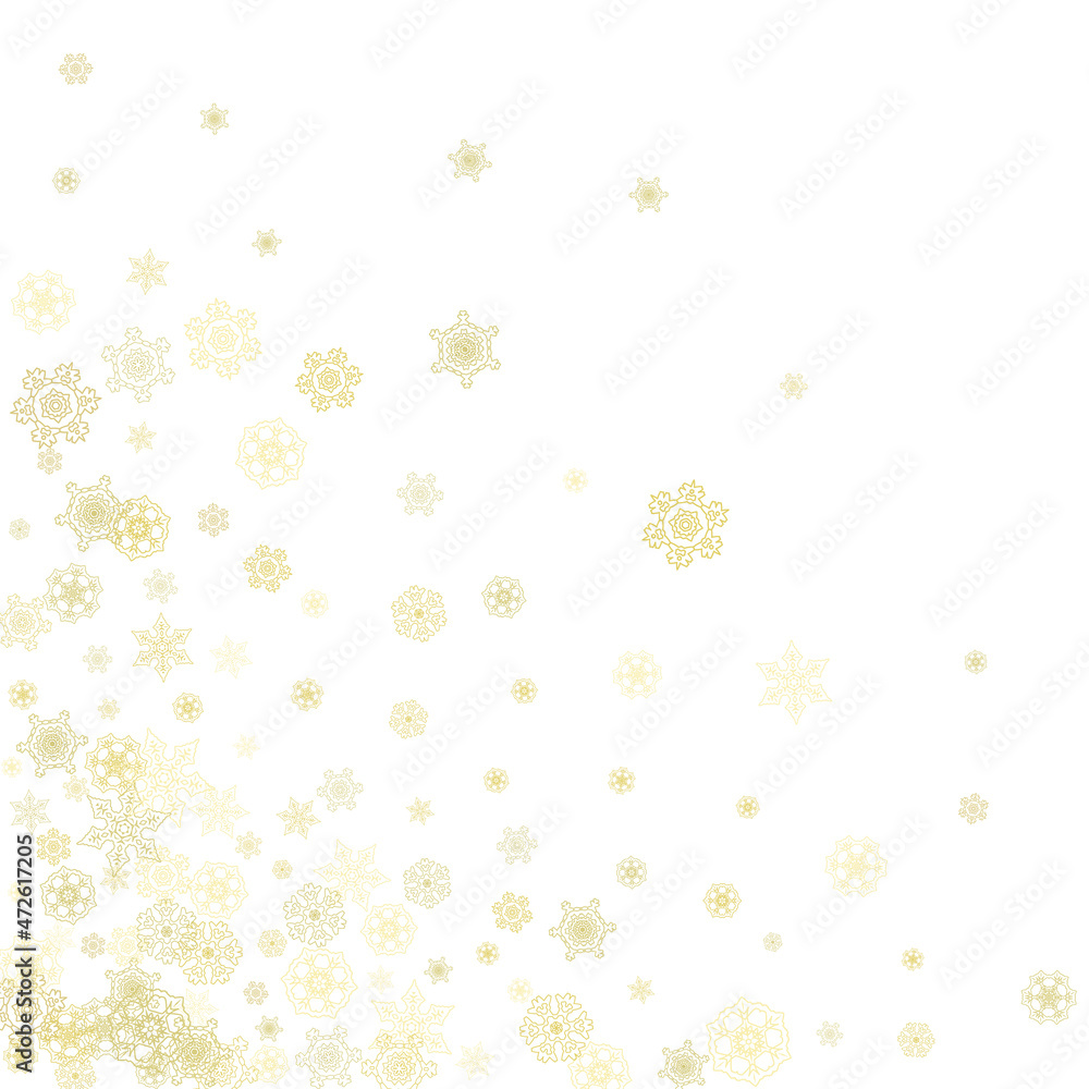 Glitter snowflakes frame on white background. Winter window. Shiny Christmas and New Year frame for gift certificate, ads, banners, flyers. Falling snow with golden glitter snowflakes for party