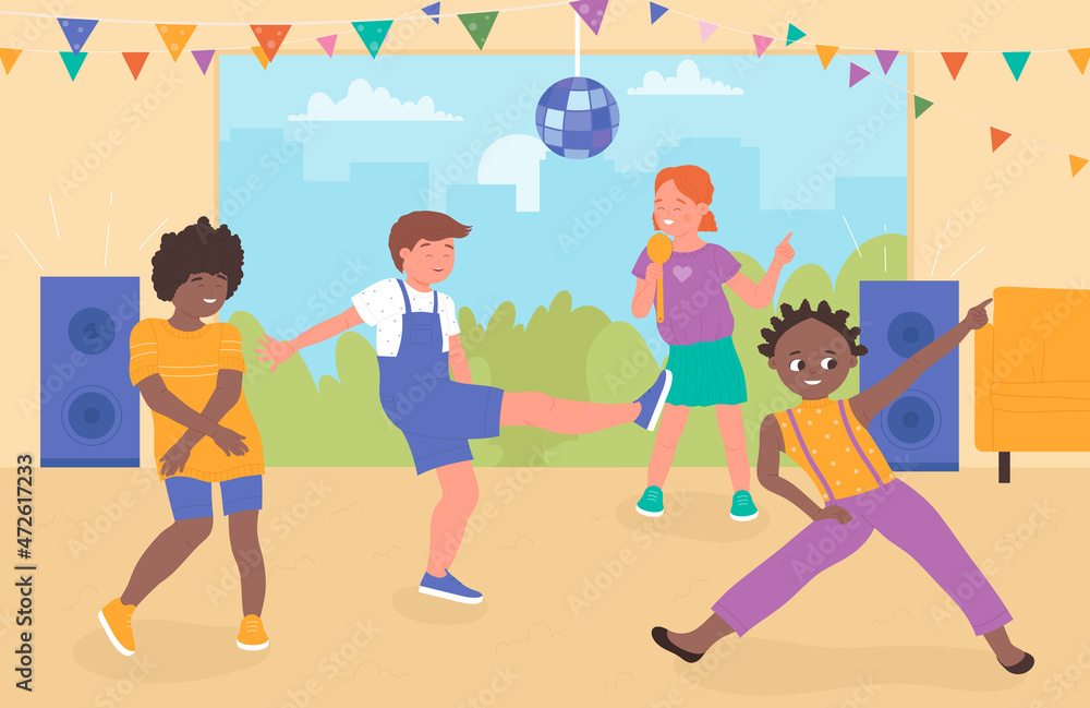 Children on fun dance party vector illustration. Cartoon little girl singing karaoke, group of boys dancing to music, excited funny kids dancers jumping and laughing together. Happy childhood concept
