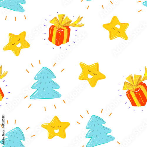 Seamless pattern of vector shapes. Simple forms. A lot of happy stars, red gift box, a Christmas tree shiny.
