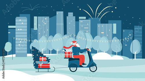 Santa Claus riding motor scooter for gift delivery in winter city, Christmas greeting card vector illustration. Cartoon hipster with beard delivering Christmas tree and boxes on motorbike background