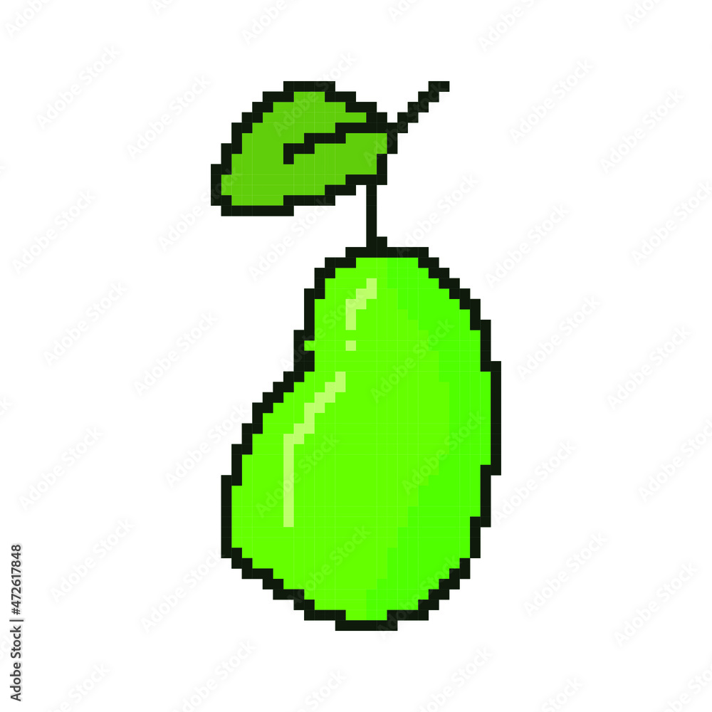 Fototapeta premium Pixel pear icon. Pear with leaf in pixel style. Vector illustration. Pixel art icon
