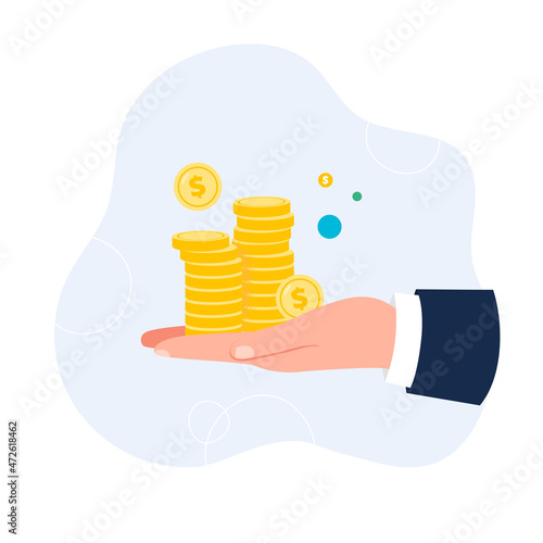 Hand holds stacks of coins. Donation and charity concept. Vector flat illustration isolated on the white background.