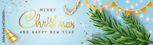 Happy New Year background. Green Christmas tree on a blue background. Realistic 3d decorative garland glow. Xmas Decorations. Vector illustration