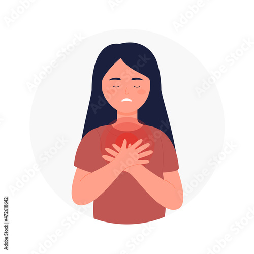 Sick girl with chest pain attack and breathing discomfort. Feeling of pressure under breastbone or heart flat vector illustration