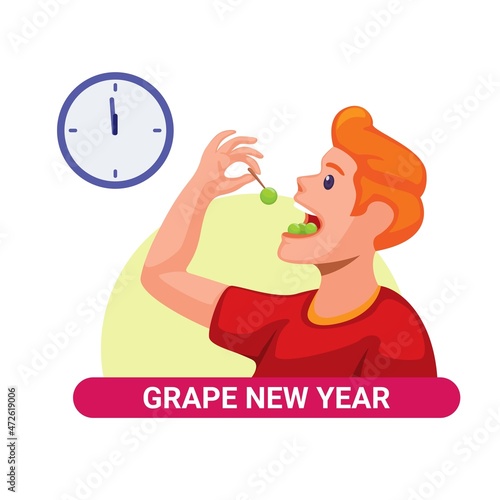 Eating Grape 12 on 12 clock, New Year traditional in Spain and Latin America symbol illustration vector