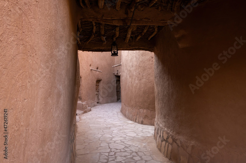 A covered narrow street in Ushaiqer Heritage Village, Saudi Arabia