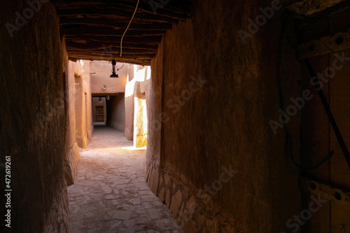 A covered narrow street in Ushaiqer Heritage Village, Saudi Arabia