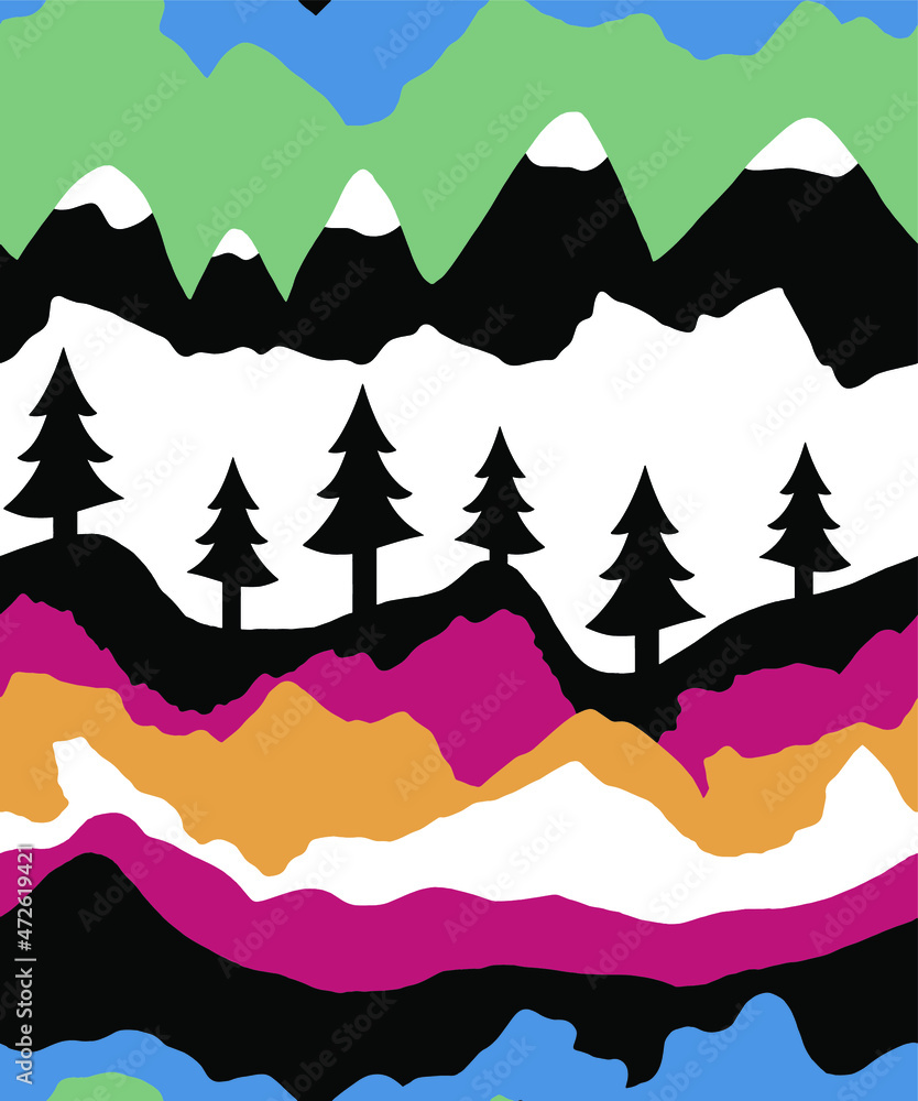 Fototapeta premium Abstract Hand Drawing Geometric Mountains Hills and Pine Trees Seamless Vector Pattern Isolated Background