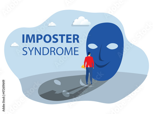 imposter syndrome, businessman trying on carnival masks with happy with  sad expressions shadow vector.