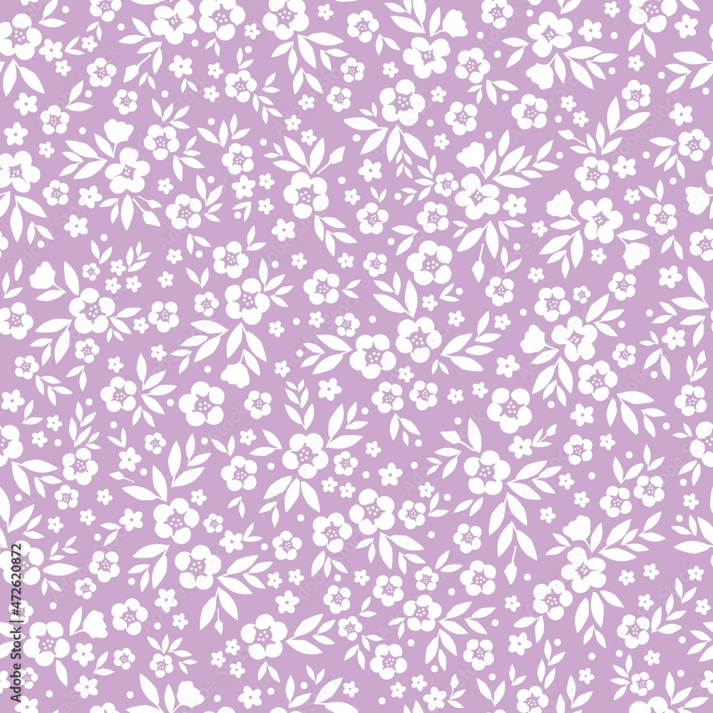 Vintage floral background. Seamless vector pattern for design and fashion prints. Floral pattern with white flowers and leaves on a lilac background.