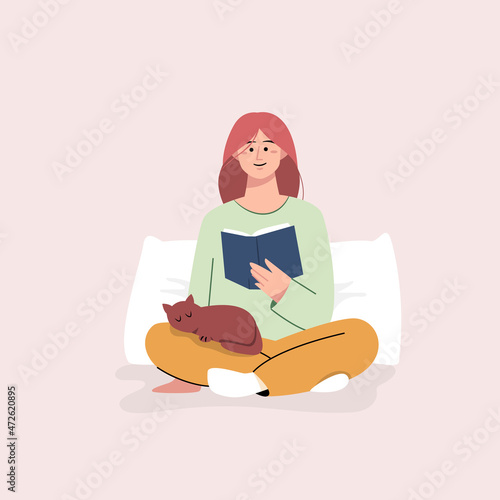 Young girl feeling relaxed sitting on bed with her cat and reading book before sleeping in flat design