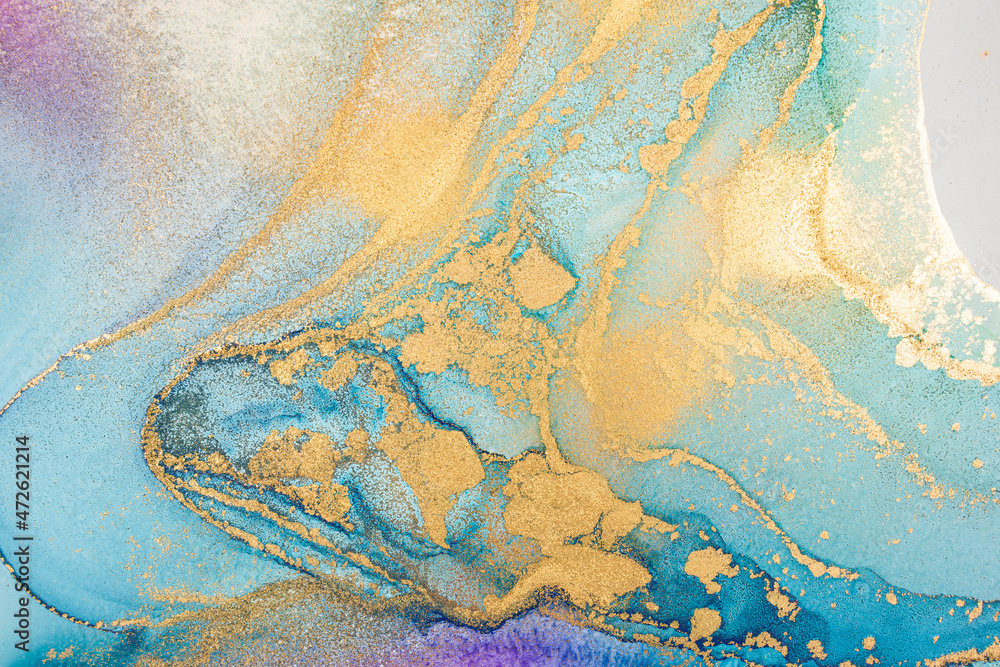Naklejka premium Luxury abstract fluid art painting in alcohol ink technique, mixture of blue and purple paints. Imitation of marble stone cut, glowing golden veins. Tender and dreamy design.