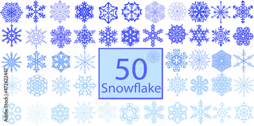 A huge big set of different 50 (fifty) vector unusual beautiful snowflakes. Winter flat vector decorations elements. 