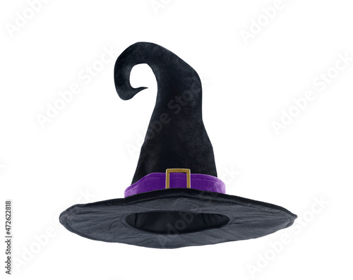 Black halloween witch hat isolated on white background with clipping path