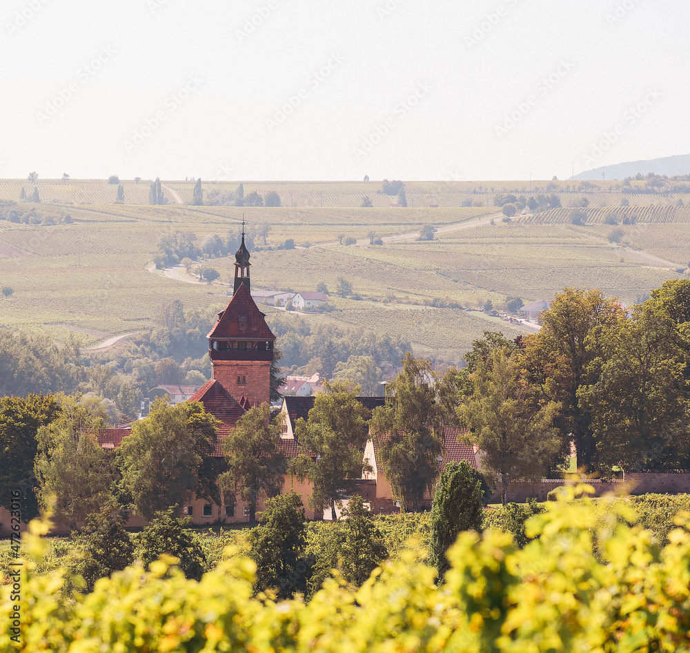 Church over vineyards in late summer