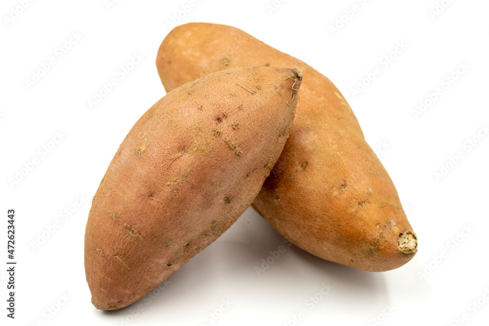 sweet potatoes on a white background. horizontal view. close up sweet potatoes on a white background. horizontal view. close up