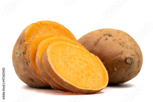 sweet potatoes on a white background. Sliced sweet potato. horizontal view. close up photo