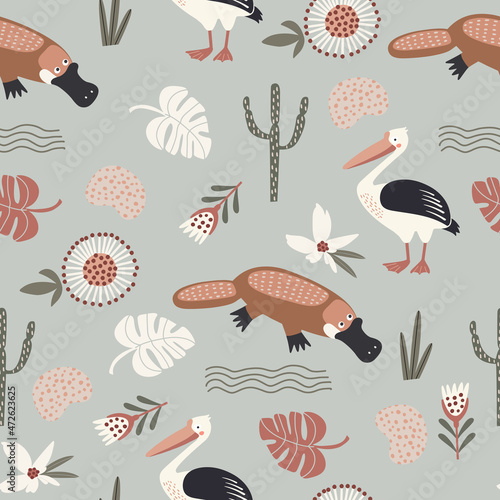 seamless pattern with vector illustrations of plants and australian animals, platypus and pelican. animalistic background for kids design