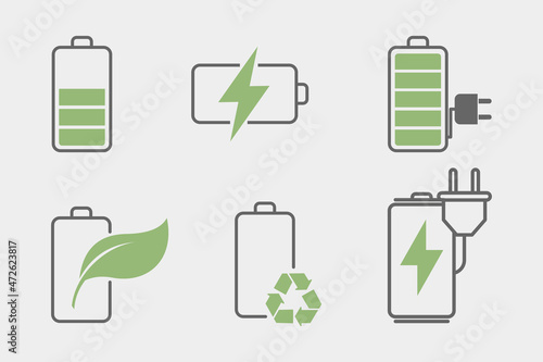 Rechargeable battery icon set. Flat style. Isolated on white background. 