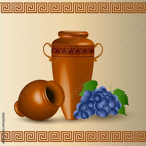 Greek wine vase. Viticulture. Winemaking. Antique amphora. Vector illustration.
