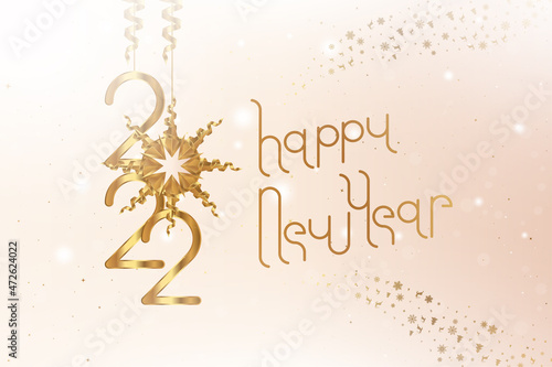 Happy New Year 2022. Festive greeting card with golden numbers and ribbons on a light background. Flat vector illustration EPS10