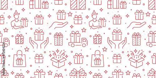 Gifts gold seamless pattern. Vector on white background included line icons as box, surprise, courier, delivery, courier, paper bag, , hand, birthday outline pictogram for christmas present