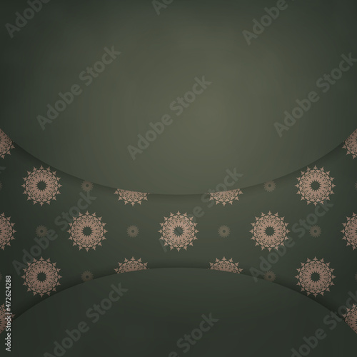 Template Green color postcard with Indian brown pattern prepared for printing.