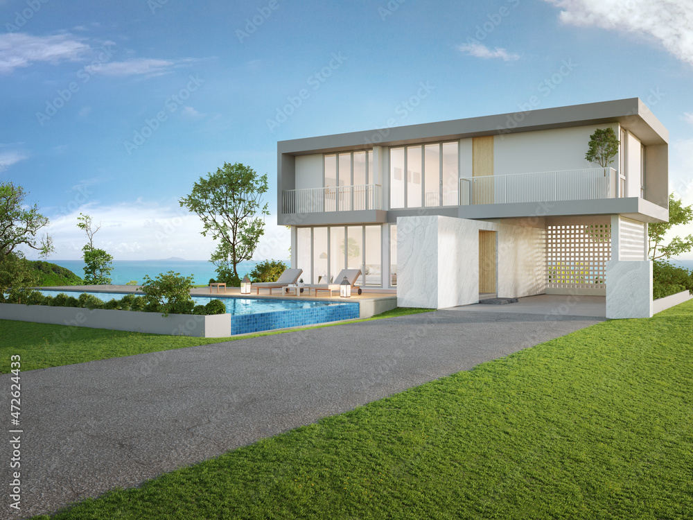 Luxury beach house with sea view swimming pool and big garden in modern design. Empty green grass lawn at vacation home. 3d illustration of contemporary holiday villa exterior.
