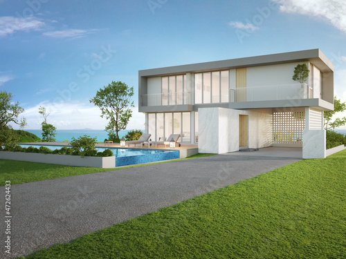 Luxury beach house with sea view swimming pool and big garden in modern design. Empty green grass lawn at vacation home. 3d illustration of contemporary holiday villa exterior. © terng99