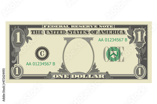 One dollar bill without a portrait of Washington. 1 dollar banknote. Template or mock up for a souvenir. Vector illustration isolated on a white background