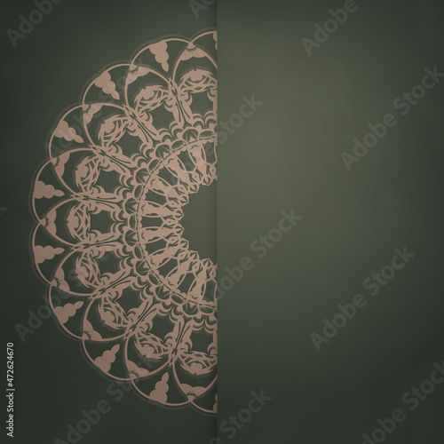 Template Green postcard with vintage brown ornament prepared for printing.