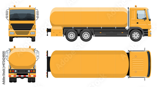 Tanker truck vector template with simple colors without gradients and effects. View from side, front, back, and top