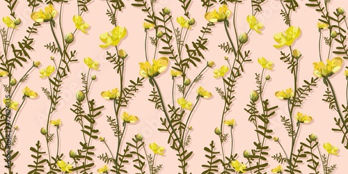 Buttercups. Yellow small flowers pattern. Delicate pink floral pattern. Summer design. TREND COLORS