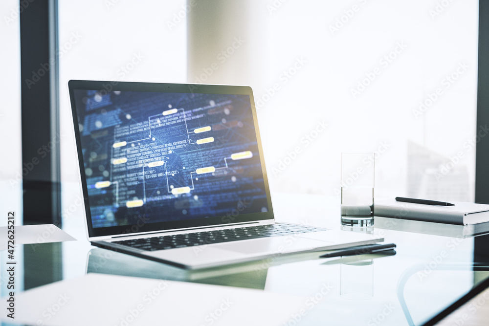 Fototapeta premium Abstract creative coding illustration on modern computer monitor, software development concept. 3D Rendering