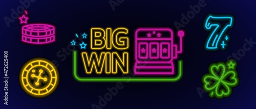 Neon casino icons. The inscription is a big win. Neon-style templates. Vector illustration in doodle