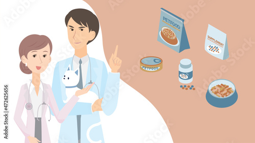 猫の健康やダイエットに関してアドバイスをする男女の獣医師