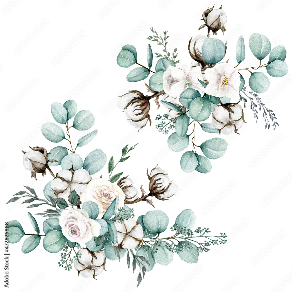 Mint Eucalyptus and white roses spring bouquet bundle. Pastel watercolor Peony, Eucalyptus and cotton bouquet set Isolated on white background, Floral botanical arrangements