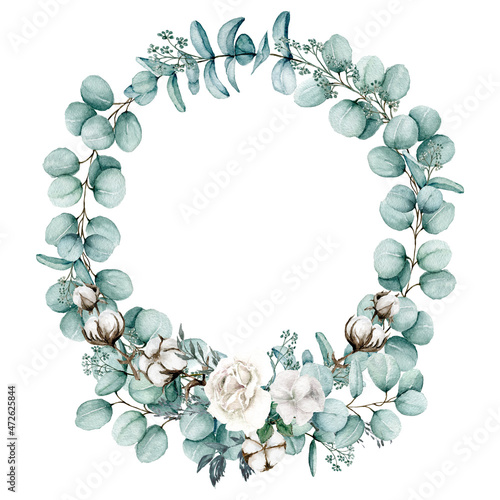 Eucalyptus Floral Frame, Watercolor eucalyptus and white roses wreath, Botanical circle frame,  Hand painted illustration isolated on white background, For wedding design, invitations, greeting cards