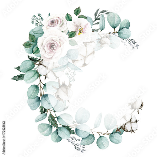 Eucalyptus Floral wreath  Watercolor eucalyptus and white roses wreath  Botanical circle frame   Hand painted illustration isolated on white background  For wedding design  invitations  greeting cards