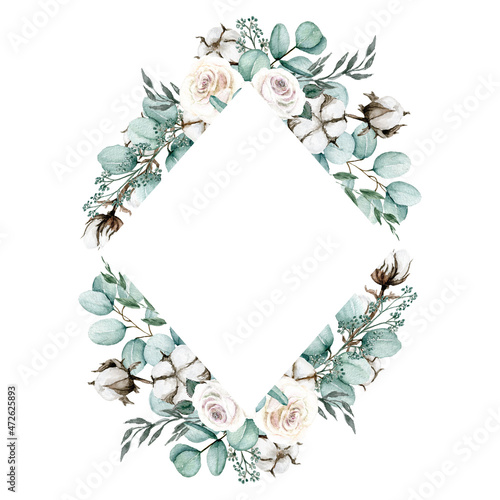 Watercolor eucalyptus and white roses frame, Rhombic Floral frame, Mint Eucalyptus, cotton and peony isolated illustration, Mediterranean tree, Hand painted floral frame for wedding design, Home decor