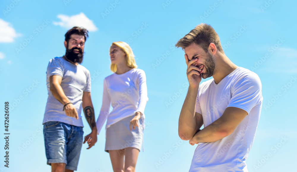 look at him. relationship problems. sworn friends. interpersonal relationship. Misunderstanding. love triangle. Social. Betrayal and divorce. couple in love. third wheel man. family psychology