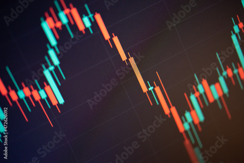 Abstract financial trading graphs and digital number of foreign exchange market trading on monitor. Background of gold and blue digital chart to represent stock market trend. 