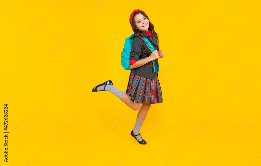 happy teen girl carry backpack. back to school. knowledge day. concept of education.