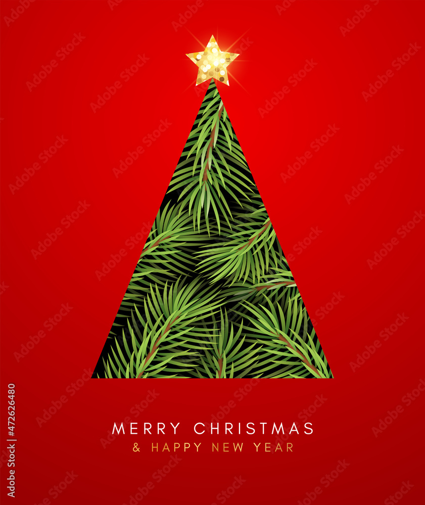 Greeting card Merry Christmas and Happy New Year. Christmas tree on a red background. Vector Illustration. Greeting card Merry Christmas and Happy New Year. Christmas tree on a red background. Vector Illustration.