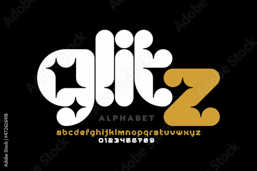 Modern stylized Glitz font, alphabet letters and numbers vector illustration