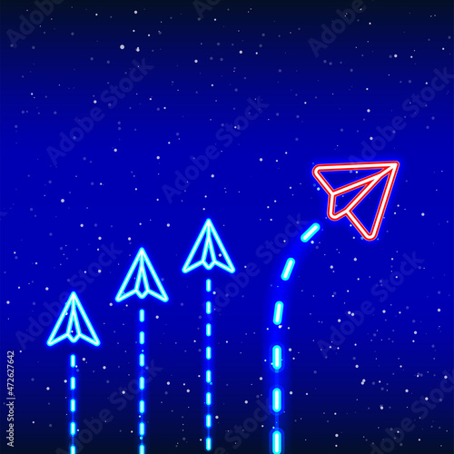 Airplane blue from neon paper. Idea phase. Neon another way airplane icon design. Realistic neon icon. Linear icon on blue background.