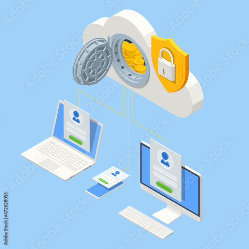 Isometric money from cloud computing, online and secure payment analysis. Blockchain technology, cryptocurrency mining, finance, digital money market, cryptocoin wallet, digital wallet application